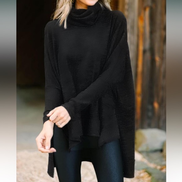 Casual Turtleneck Batwing Sleeve Side Slit Loose Knitted Pullover Tunic Sweater - Picture 2 of 12